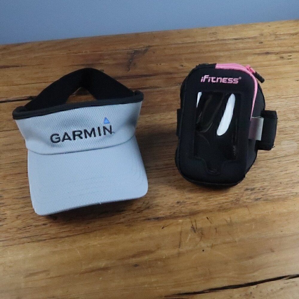 GARMIN GREY SUN VISOR & IFITNESS PINK BLACK ARM BAND KEYS MONEY HOLDER BUNDLE